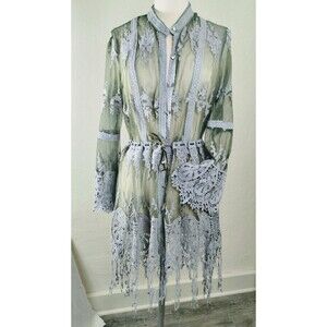 Grey green sheer crochet lace  jacket cover up buttons velvet ribbon belt top L